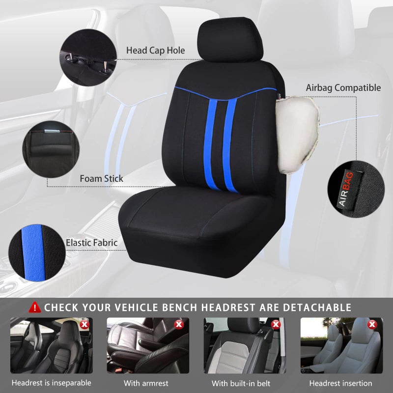 CAR-GRAND Universal Stylish Piping Cloth Car Seat Covers Full Set, Breathable and Washable Seat Covers with Air Compatible,3 Zipper Bench Design,Fit 90% Automotive,SUV,Truck,Sedan (Black-Blue Strips) - Image 3